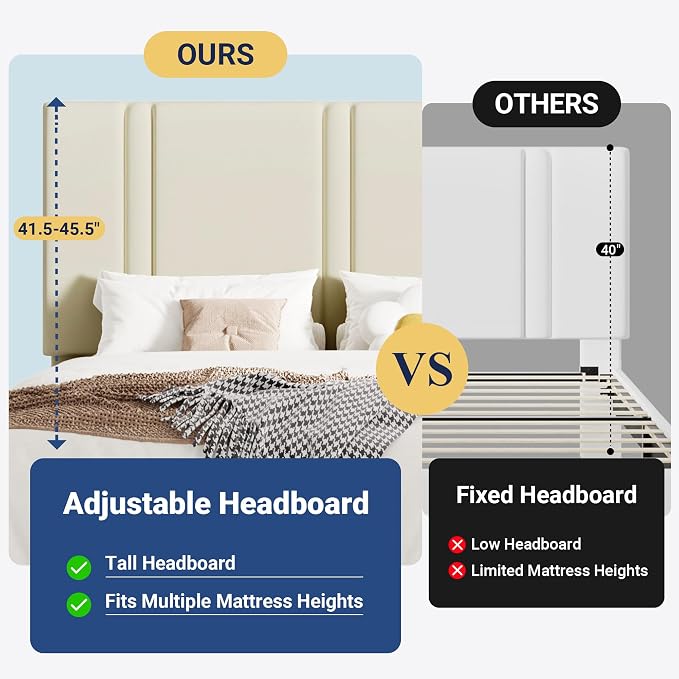 Allewie Full Size Platform Bed Frame with Adjustable Headboard | Plush Velvet Upholstered, Vertical Channel Tufted, Sturdy Wood Slats, No Box Spring Needed, Easy Assembly, Cream