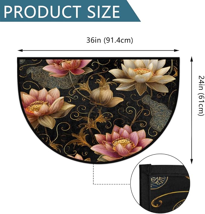 Lotus Half Round Doormat Semi Circle Rug Half Moon Rug Entryway Mat | Floral Flower Washable Non Slip Outdoor Floor Rug Kitchen Mat for Indoor Outdoor Bathroom Fireplace Bath