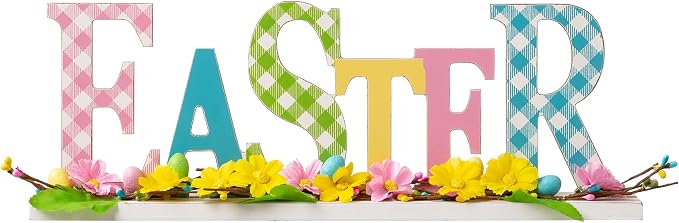 Glitzhome Plaid Wooden Easter Table Sign Decor with Flowers and Rattan, 16" L, Multi-Color
