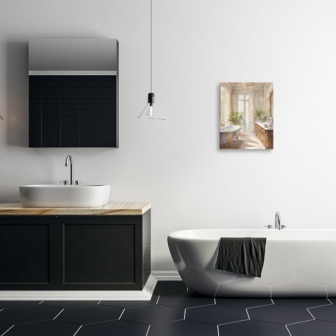 Serenity Bath Floral Still Life, 16 x 20 Inch Canvas Wall Art | Stupell Industries · By Kim Allen · Ready to hang · Perfect for bathroom or bedroom · Made in USA