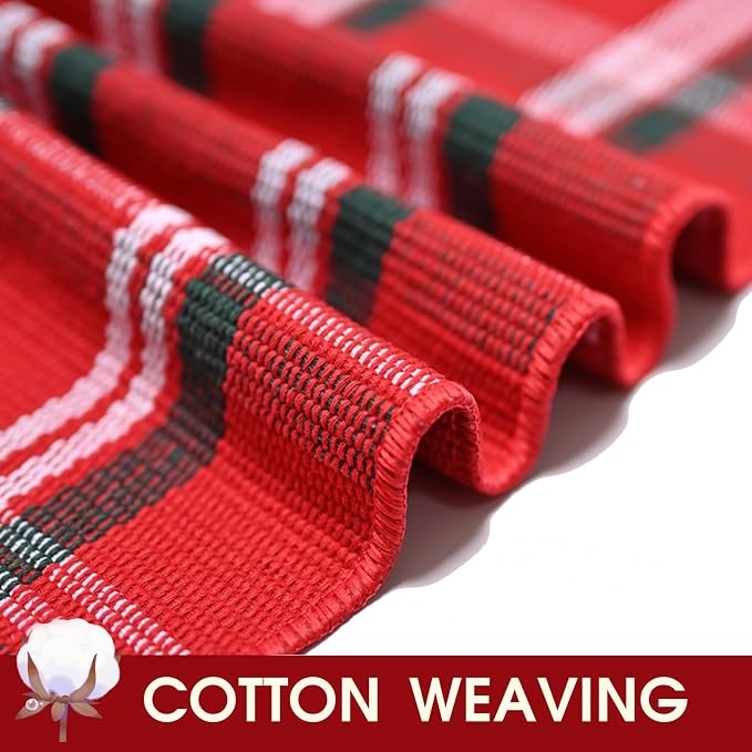 Christmas Red Green White Plaid Rug, 3' x 5' Cotton Hand-Woven Buffalo Check Layered Door Mat for Front Porch, Entryway, Outdoor Holiday Decor, Washable Farmhouse Rug for Home, Patio, Kitchen