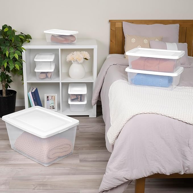 Sterilite Storage Box Stackable Tote, White, 12 Quart, 45 Pack | Clear Plastic Container with Secure Snapping Lids for Home and Office Organization