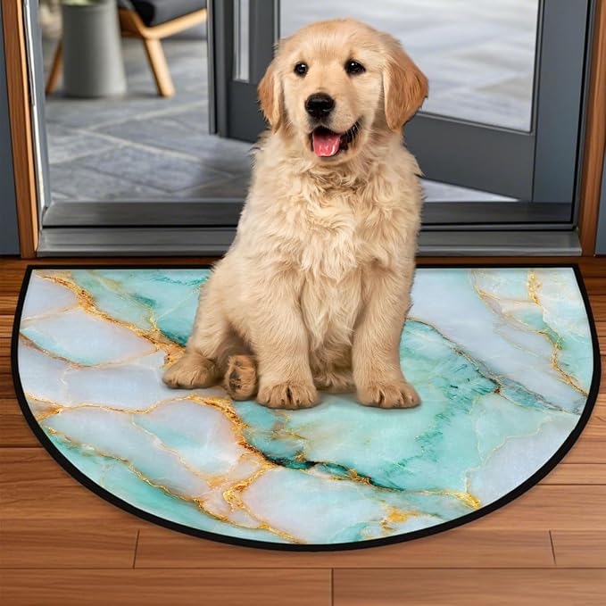 Jade Marble Half Round Door Mat Non-Slip Semi Circle Rug Washable Half Moon Floor Rug Absorbent Bathroom Area Rugs for Outdoor Indoor Fireplace Mat Entryway Kitchen Decor Rugs