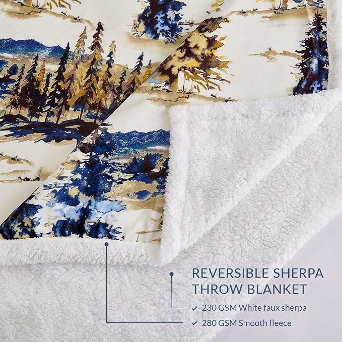 Indigo Hill by HiEnd Accents Acadia Sherpa Throw Blankets, Forest Pine Trees Nature Woodland Mountain Print Western Blanket for Camping Outdoor, Cabin Lodge Rustic Sherpa Fleece Blanket, 54x68 inch