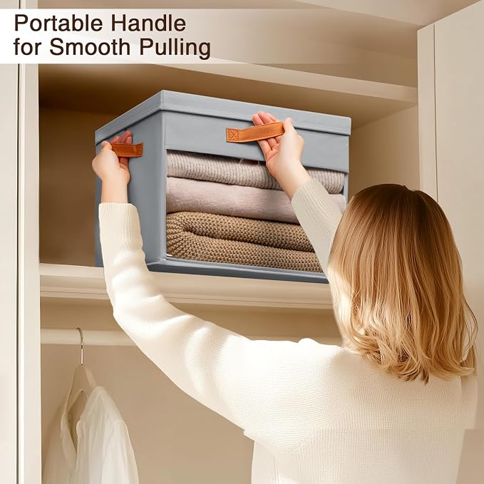 Homsorout Large Storage Bins with Lids - 6 Pack Foldable Decorative Organizers with Clear Windows & Handles, Cube Storage Organizers for Clothes, Blankets, Sweaters, Sheets, Grey