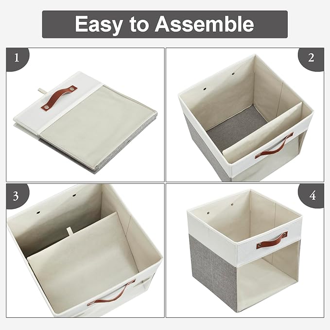 Bagnizer Storage Cubes, 4 Pack Linen Foldable Storage Bins (13 x 13 inch) with Clear Window and 2 Handles, Closet Organizers and Storage for Shelf Closet, Clothes, Books - (Gray and White)