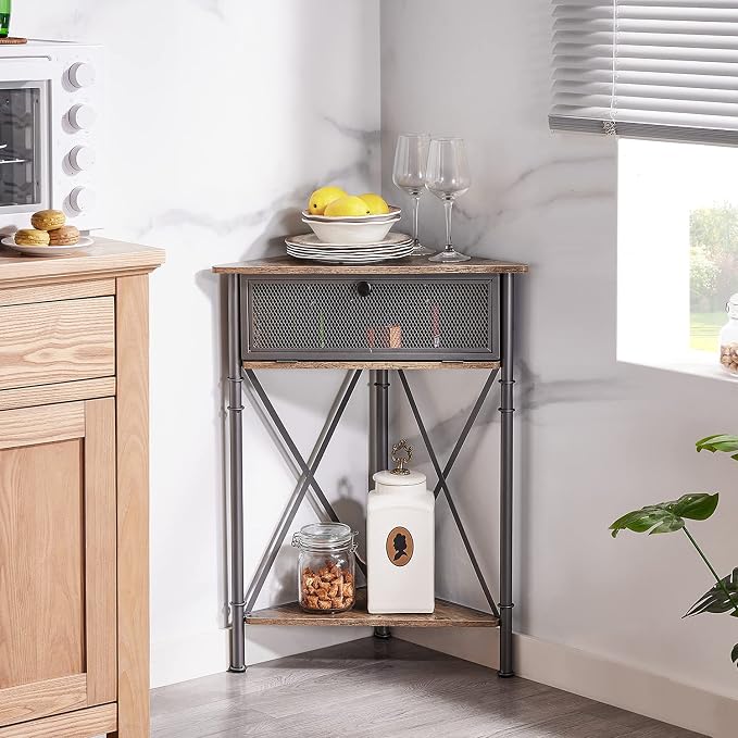 VECELO Corner Cabinet/Table, 3-Tier Display Shelves with Protection Door, Metal Frame Storage Shelf Organizer for Small Space, Living Room, Kitchen, Bathroom