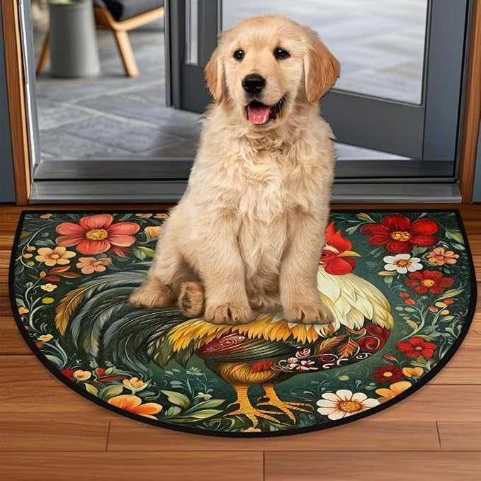 Rooster Half Round Doormat Semi Circle Rug Half Moon Rug Entryway Mat | Rooster Flower Washable Non Slip Outdoor Floor Rug Kitchen Mat for Indoor Outdoor Bathroom Fireplace Bath Decor