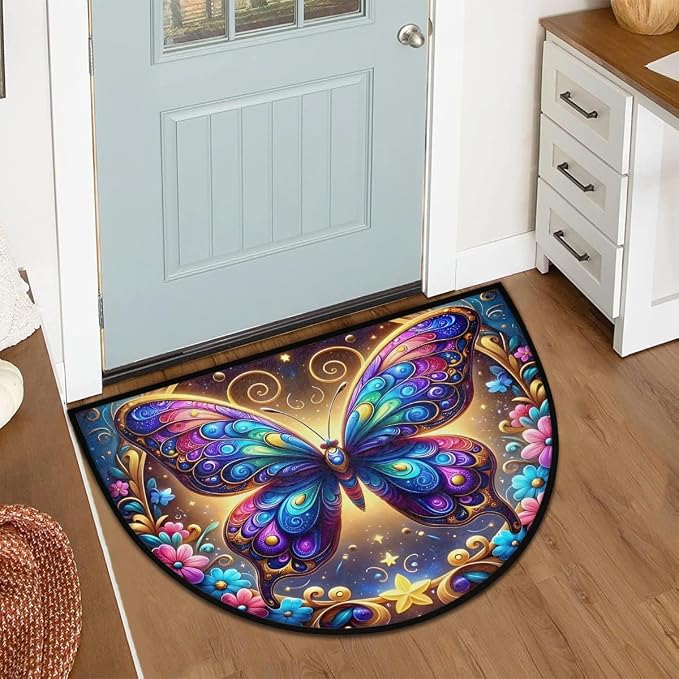 Pardick Half Round Doormat Butterfly Galaxy Floral Semi Circle Rug Non Slip Indoor Outdoor Entrance Half Moon Rug Washable Front Floor Mat for Kitchen Bathroom Patio Fireplace Holiday Decor
