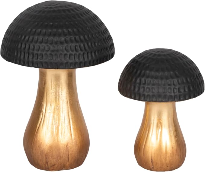 Ceramic Figurine Statue – Sculptural Room Decor Accent, for Shelf, Desk, or Console Placement, Black and Gold Mushroom–Inspired Modern Home Decor Art Design – 7", Black & Gold Finish