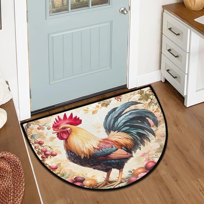Rooster Animal Half Round Rug Half Moon Door Mat Half Circle Rugs | Flower Washable Non-Slip Semi Circle Rug Welcome Half Round Door Mat Indoor Entrance Kitchen Home Bedroom Living Room Decor