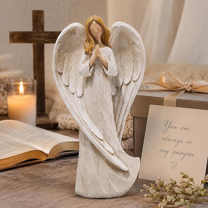 Hodao Praying Angel Figurine Resin Guardian Angel Statue for Home Decor, Elegant White Blessing Sculpture for Shelf Table Mantel, Keepsake Gift for Mom, Women and Family