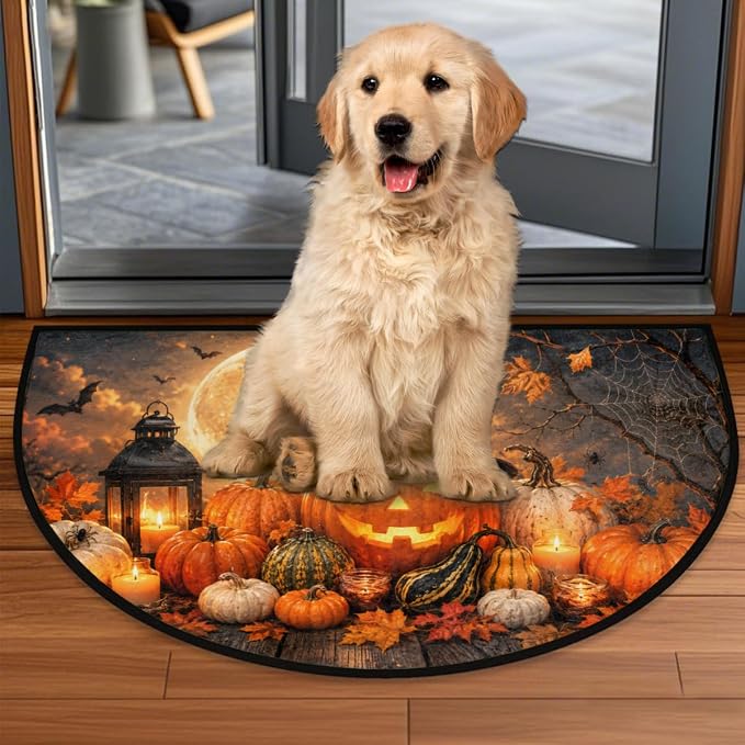 Halloween Half Round Door Mat Outdoor Doormat Bedroom Entrance Rug A7 | Halloween Pumpkin Semi Moon Door Mat Non-Slip Absorbent Kitchen Rug Indoor Welcome Bath Mat 36" X 24"