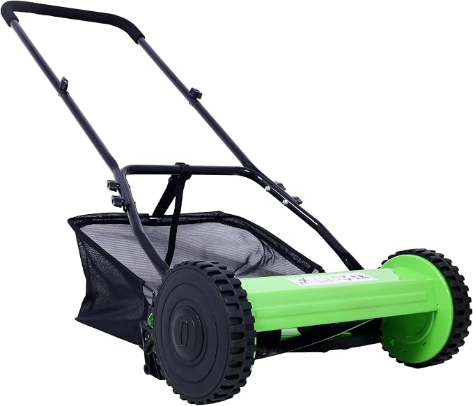 KEIKI 14-Inch Manual Lawn Mower, Push Reel Mowers w/Grass Catcher & Adjustable Cutting Height, 2-Wheels Small Lawnmower with 5 Steel Blades for Graden, Spaces Saving & Easy Assembly, Green