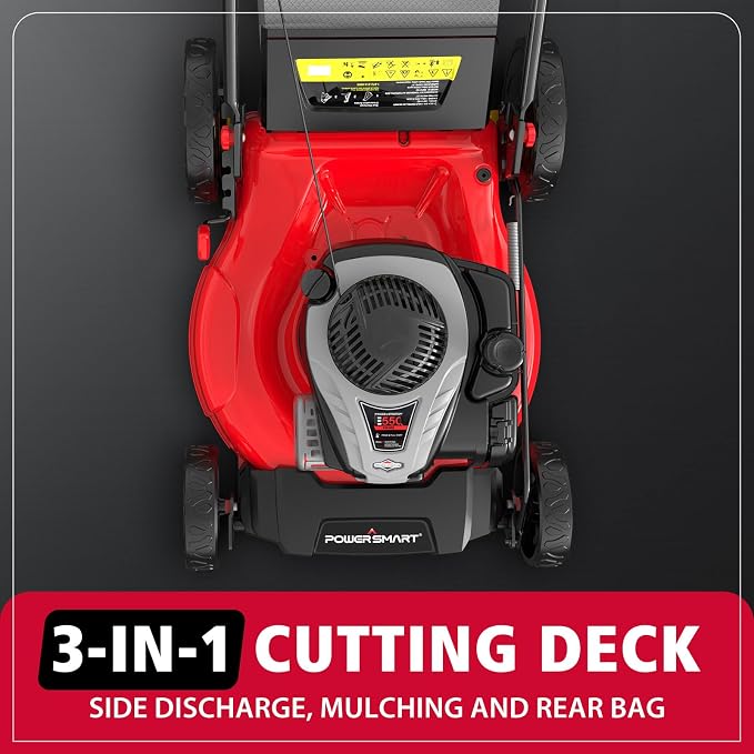 PowerSmart 21" Self-Propelled Gas Lawn Mower, 140cc Briggs & Stratton Engine, 3-in-1 Mulching/Bagging/Side Discharge, 6 Cutting Heights, Durable Steel Deck, Rear-Wheel Drive for Yard & Garden