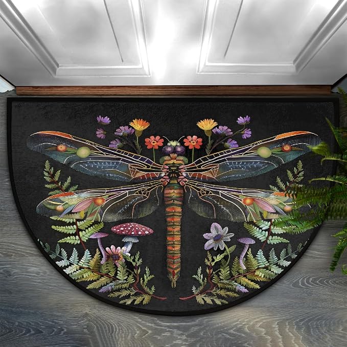 Dragonfly Half Round Doormat Non-Slip Semi Circle Rug Half Moon Mat | Flower Black Leaves Washable Soft Absorbent Indoor Outdoor Entrance Kitchen Bathroom Sink Patio Welcome Fireplace Floor Rug