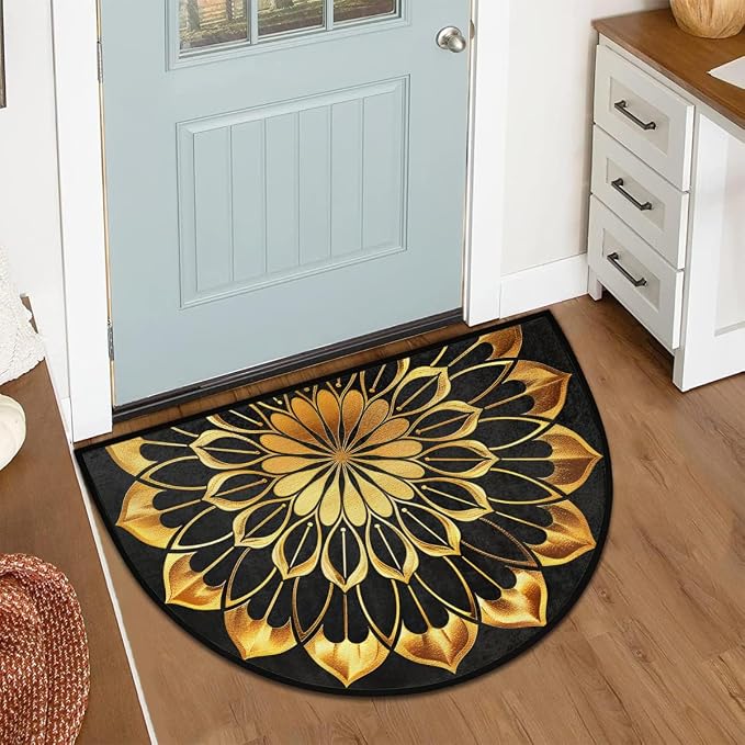 Half Round Doormat Mandala Ethnic Gold Florals Non Slip Half Circle Area Rugs Indoor Washable Half Moon Rug Semi Circle Bathroom Runner Mat Entrance Floor Carpet for Kithen Bedroom Fireplace Decor