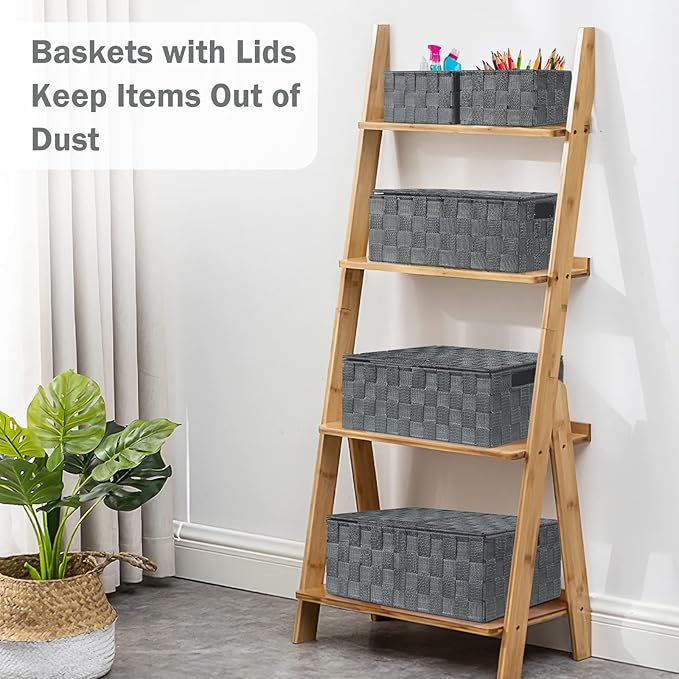 Storage Baskets with Lids: 5 Pack Stackable Woven Storage Bins, Grey | Decorative Woven Baskets for Organizing with Built-In Handles for Shelves, Closets, Cabinets and Cubbies, Gift Small Basket