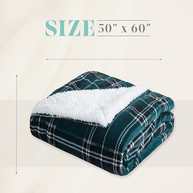 Elegant Comfort Throw Blanket, Reversible Sherpa Flannel, Ultra-Soft, Fuzzy, Cozy and Plush- All Season Lightweight Decorative Throw, 50 x 60 inches, Plaid Design Sherpa Throw, Green