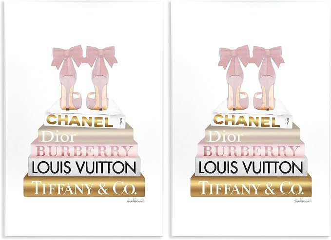 Stupell Industries Pink Gold Heels Bookstack Glam Fashion Design, Designed by Amanda Greenwood Art, 10 x 0.5 x 15, Wall Plaque (Pack of 2)