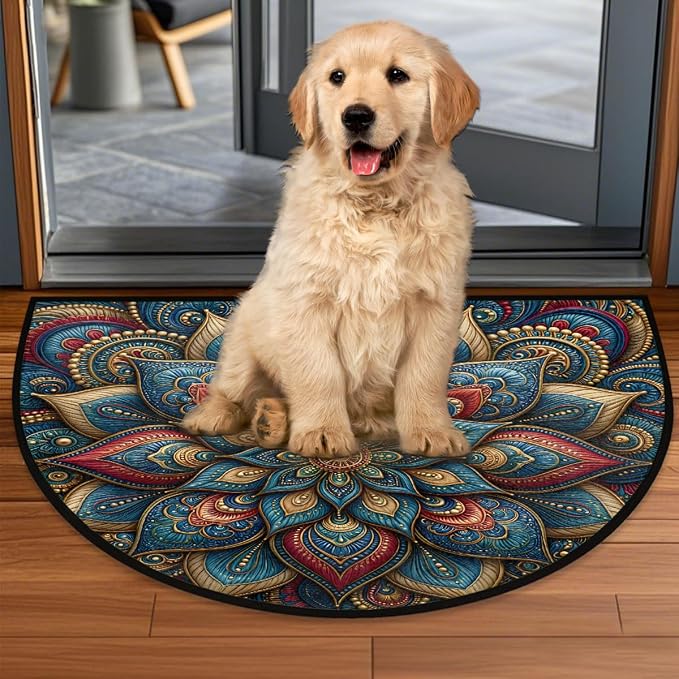 Mandala Half Round Door Mat Semi Moon Rug Fireplace Carpet Area Rugs | Floral Geometric Non Slip Absorbent Half Circle Mat Carpet for Indoor Outdoor Patio Kitchen Bathroom Entryway Home Decor