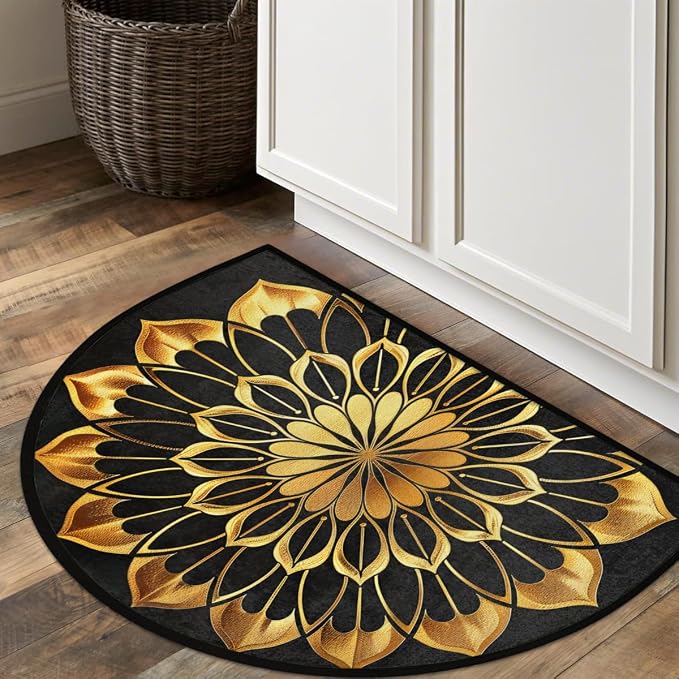 Gold Mandala Half Round Door Mat Non Slip Half Circle Rugs | Ethnic Flower Washable Half Moon Rug Semi Circle Rugs Indoor Entrance Floor Carpet for Kithen Bedroom Fireplace Decor