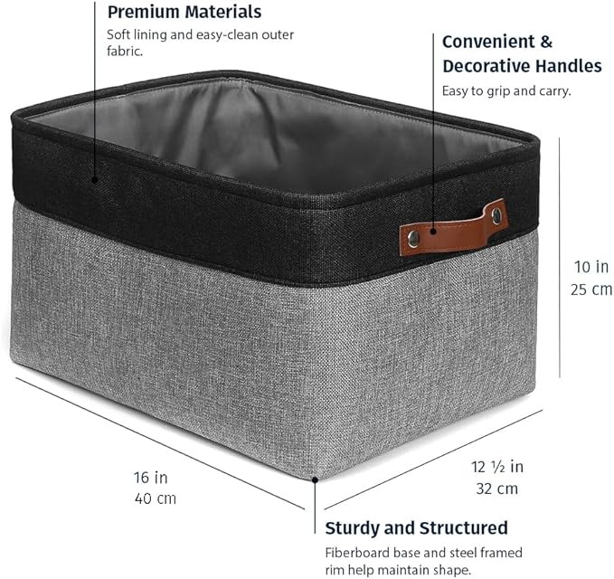 OrganiHaus 16x12.5in Storage Baskets, 3 Pack - Fabric Bins for Shelves | Vegan leather handles; a decorative linen closet organizer, towel and clothes container