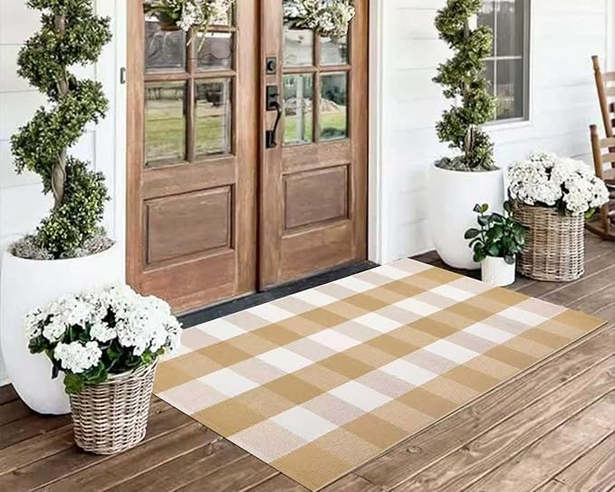 2'X4.3'Outdoor Rug Khaki and White Checkered Front Porch Rug Cotton Woven Washable Layered Doormat for Entryway Dining Room Bedroom Living Room
