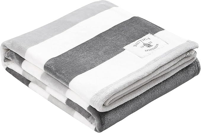 Nautica - Throw Blanket, Super Soft & Cozy Fleece Bedding, Dorm Room Essentials (Awning Stripe Grey, 50" x 60")