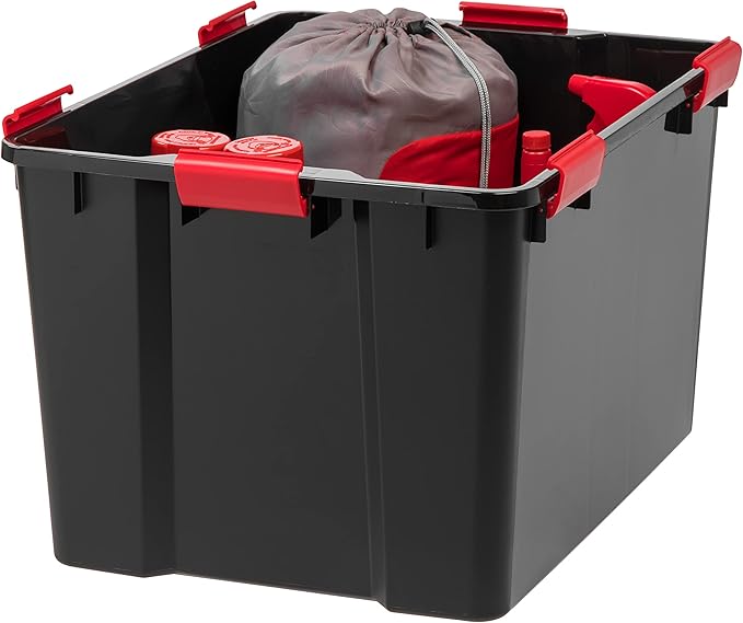 IRIS USA 4-Pack 74 Qt Storage Bins with Gasket Lids, Black/Red | WeatherPro seal helps protect bulky items for moving, garage, attic and basement storage