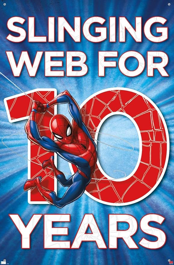 Trends International Marvel Spider-Man - Happy 10th Birthday Wall Poster, 22.37" x 34.00", Premium Poster & Push Pin Bundle