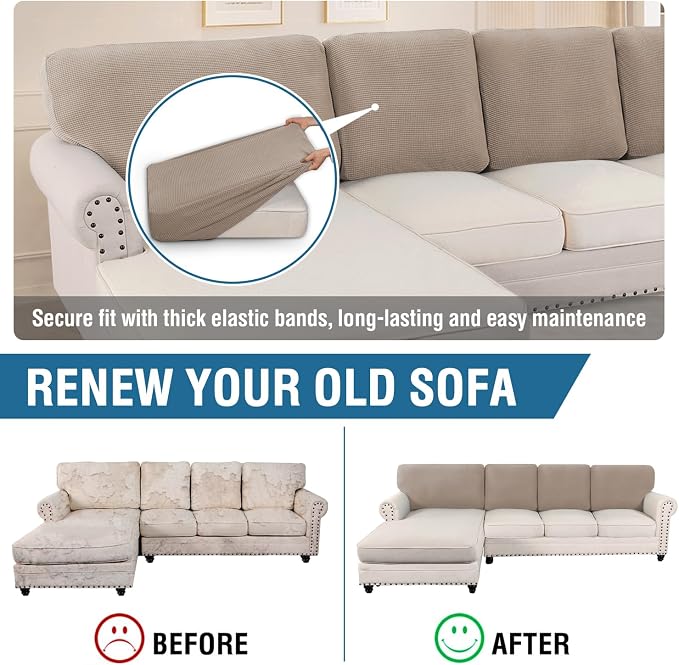 H.VERSAILTEX Backrest Cushion Covers Sectional Couch Back Cushion Covers for Sectional Sofa Set for Both Left/Right Couch (Back Only: 1 Chaise + 3 Sofa, Sand)