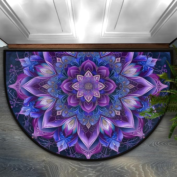 Pardick Purple Mandala Half Round Doormat Semi Circle Rug Non Slip Indoor Outdoor Entrance Half Moon Rug Absorbent Durable Washable Front Floor Mat for Kitchen Bathroom Patio Fireplace