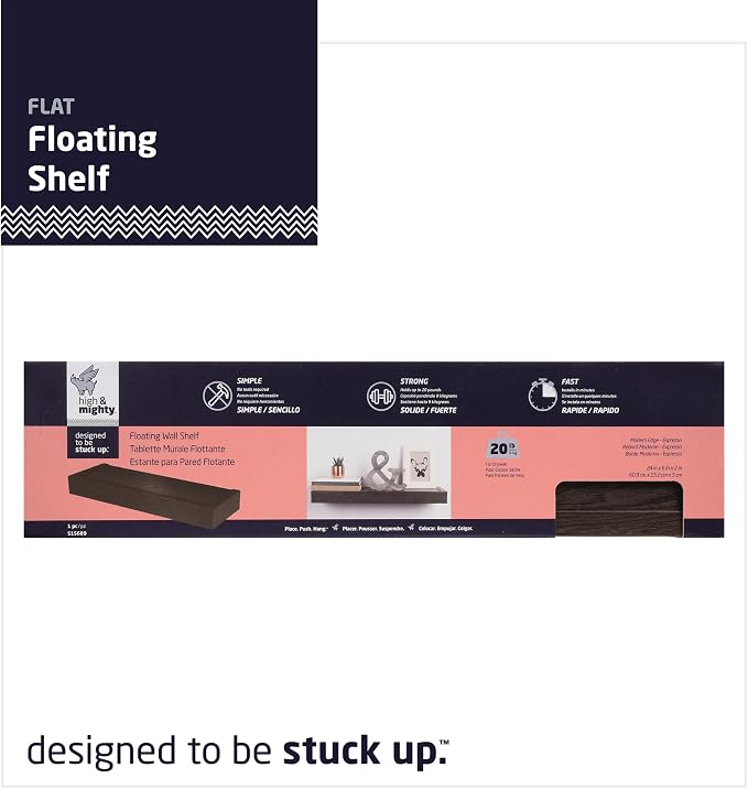 HIGH & MIGHTY 515609 Modern 24" Floating Shelf Holds up to 20lbs, Easy Tool-Free Dry Wall Installation, Flat, Retail Packaging, Espresso