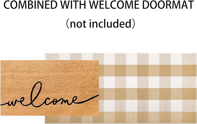2'X4.3'Outdoor Rug Khaki and White Checkered Front Porch Rug Cotton Woven Washable Layered Doormat for Entryway Dining Room Bedroom Living Room