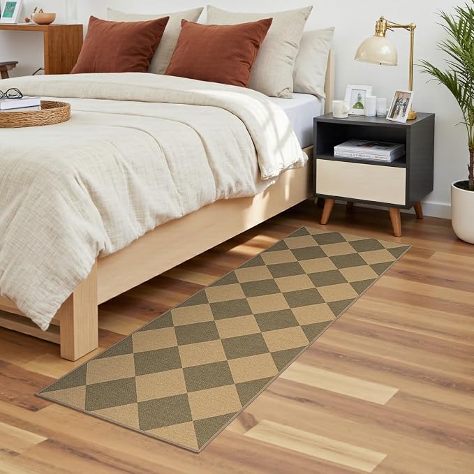 Lessymo Checkered Runner Rug 2x6 for Hallway, Washable Kitchen Non-Slip | Easy Jute Entryway Rug, Farmhouse Indoor Carpet Outdoor Rugs for Patio Backyard Porch, Kid Pet Friendly, Diamond Brown/Beige