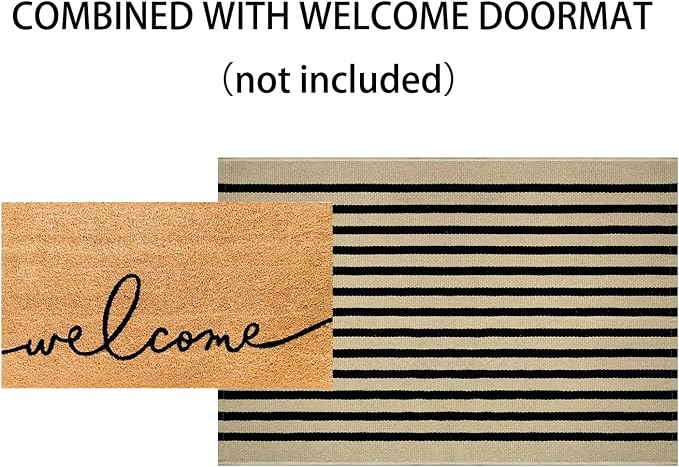 Layered Doormat 2.3'x3.6,Black and Tan Machine Washable Porch Rug Cotton Woven Striped Farmhouse Small Area Rug for Porch/Home Entrace Decor/Bedroom/Layered Door Mats