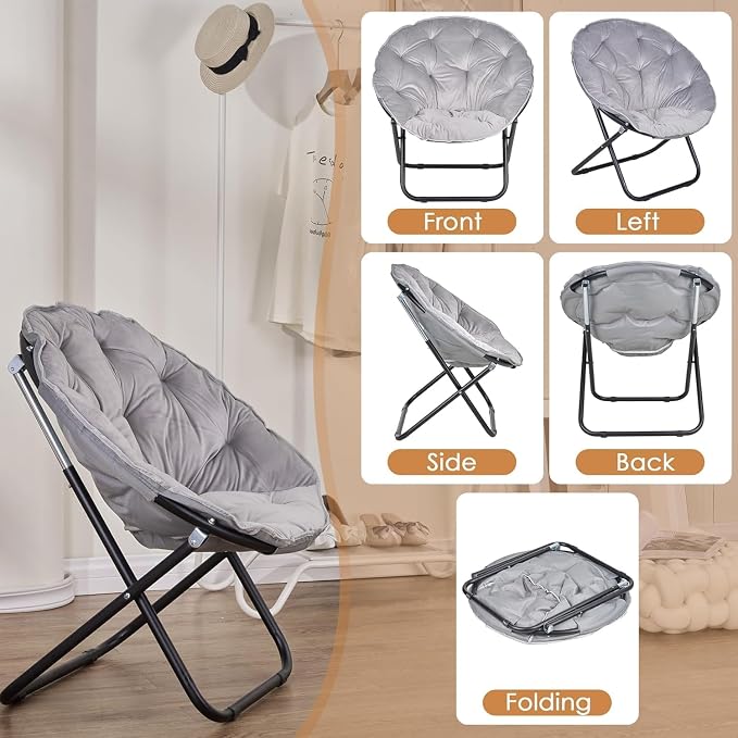 VECELO Saucer Chair for Adults, Folding Moon Chair with Metal Frame, Faux Fur for Bedroom, Living Room, Dorm Room, Apartment, Grey