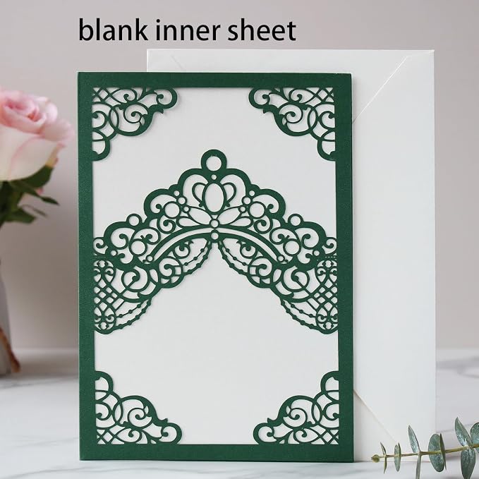 Hosmsua 50PCS Blank Emerald Green Crown Quinceanera Invitations with Envelopes, 5.1x7.3 Inch Laser Cut Floral Pocket Invitation Cards for Quinceanera Birthday Quince Anos Invite