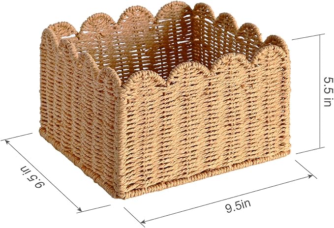 Scalloped Basket, Wicker Storage Baskets, Hand Woven Baskets for Shelves,Natural Baskets for Organizing (S-9.5" L x 9.5" W x 5.5" H)