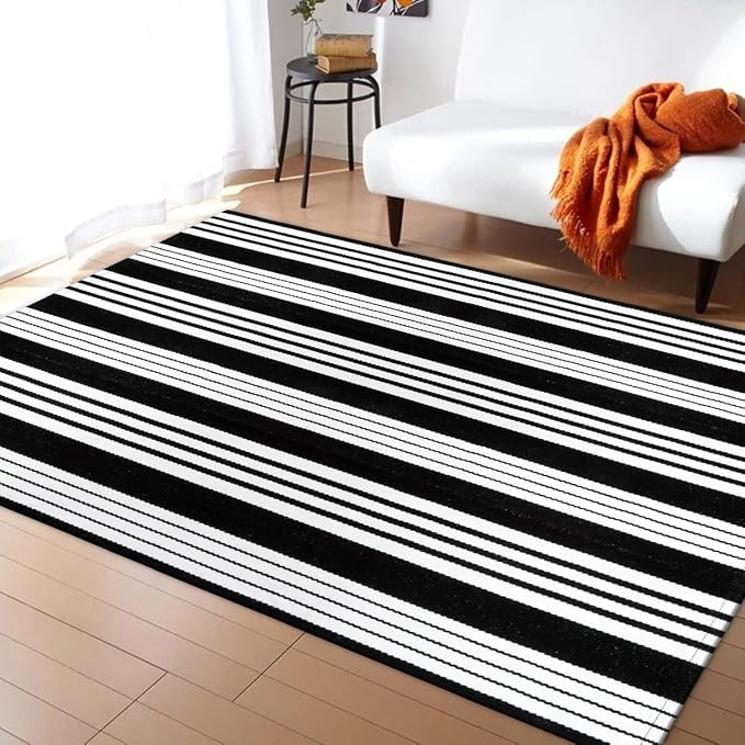 OJIA Outdoor Rugs 5'x7' Patio Rug Washable Carpet Black & White Camping Rug | Machine Washable Outdoor Rug Cotton Woven Area Rug Farmhouse Indoor Carpet for Front Door/Porch/Deck/Backyard/Balcony Decor