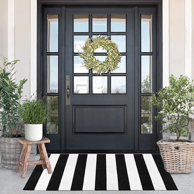KaHouen Black and White Striped Rug (23.6 x 51.2 Inches), Striped Layering Mats, Handmade Woven Indoor Outdoor Doormats Striped Rug for Kitchen/Laundry/Bathroom/Living Room