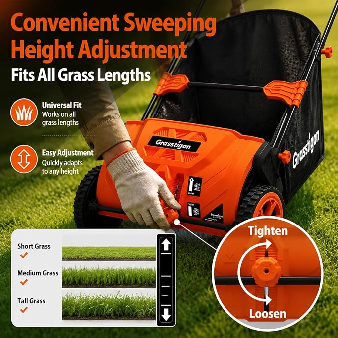 Grasstigon 21-Inch Manual Push Lawn Sweeper, Leaf Collector for Grass Clippings, Leaves & Debris, Leaf Picker Upper with Large 3.64 ft³ Hopper, Durable Wheels, Orange & Black