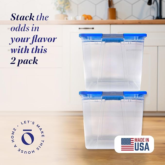 HOMZ Clear Plastic Storage Bin with Secure Latching Blue Lid, 64 Qt, 2 Pack | Heavy-Duty Stackable Containers, Large Organizer Box for Homes, Offices, and Garages