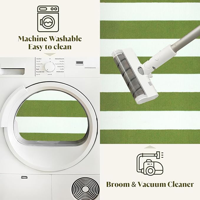 3'x5'Outdoor Rug,Striped Cotton Woven Washable Front Porch Rug Green and White Farmhouse Entry Rug Indoor Outdoor Area Rug for Porch/Home Entrace Decor/Bedroom/Layered Door Mats