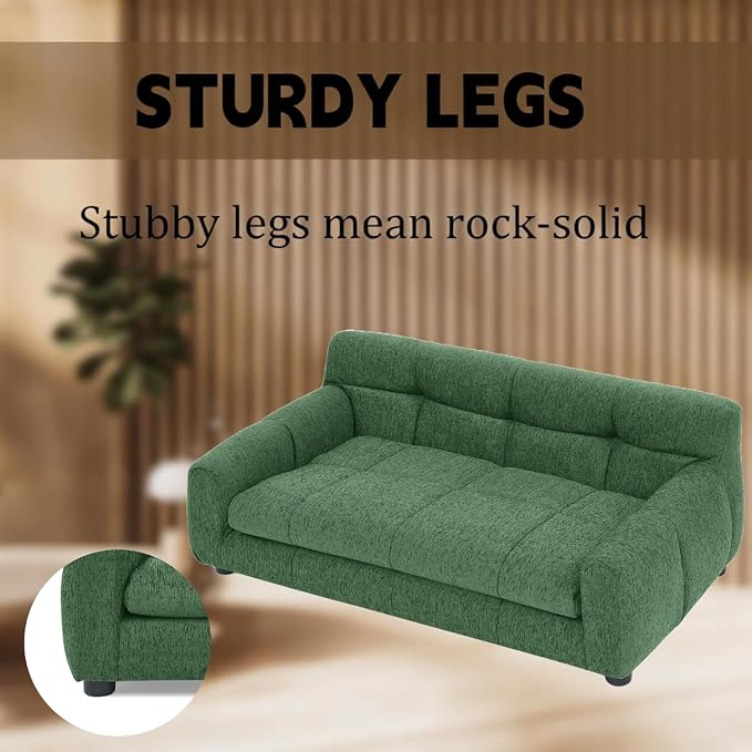 Dog Couch Bed with Backrest and Armrest, Durable Pet Sofa with Upholstered Foam Cushion, Elevated Dog Couch Bed with Legs for Medium Dogs, Emerald Green