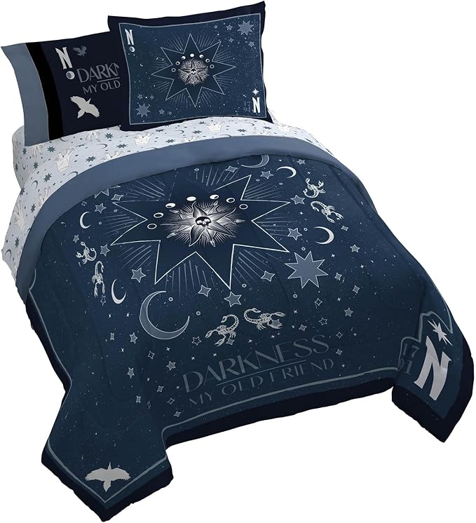 Wednesday Addams King Comforter Set 7 Piece Bedding for Girls, Blue | Bed in a Bag, Comforter Sheets Shams Pillowcases, Official Product, Soft Microfiber, Machine Washable, Girls Gift