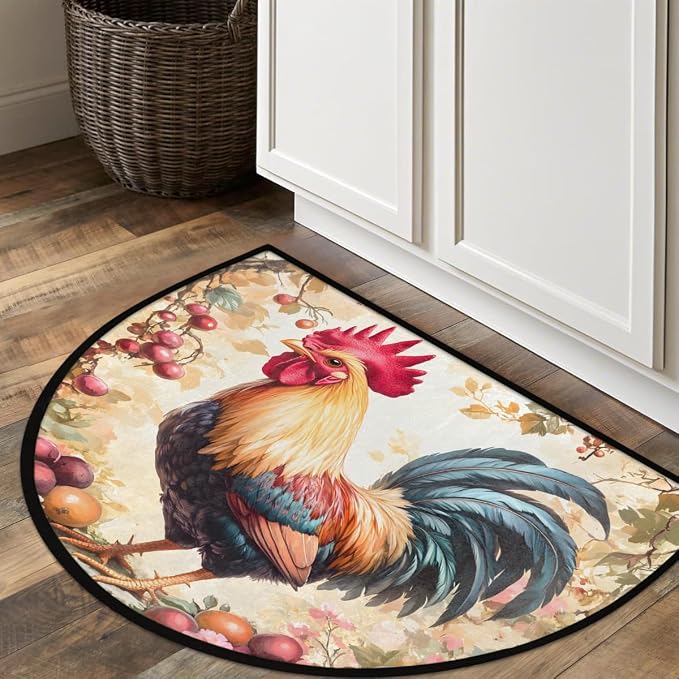 Rooster Animal Half Round Rug Half Moon Door Mat Half Circle Rugs | Flower Washable Non-Slip Semi Circle Rug Welcome Half Round Door Mat Indoor Entrance Kitchen Home Bedroom Living Room Decor