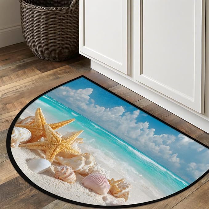 Beach Starfish Half Round Door Mat Welcome Entrance Mat Bath Bathroom Rug | Beach Starfish Welcome Entrance Mat Anti-Slip Half Moon Bath Mat Semi Circle Rug Indoor Outdoor Kitchen Rug