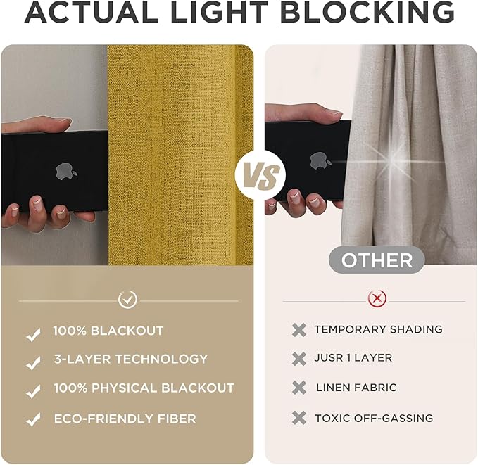 Joydeco Linen Blackout Curtains for Bedroom - 100% Light Blocking 1 Panels, Yellow Drapes 100" W x 84" L, Thermal Insulated Room Darkening Curtains for Living Room, Rod Pocket & Back Tabs